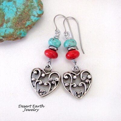 Turquoise Red Coral Pewter Filigree Heart Earrings, Sundance Southwest Style, Valentine Jewelry Gifts for Wife-Mom-Girlfriend - image1